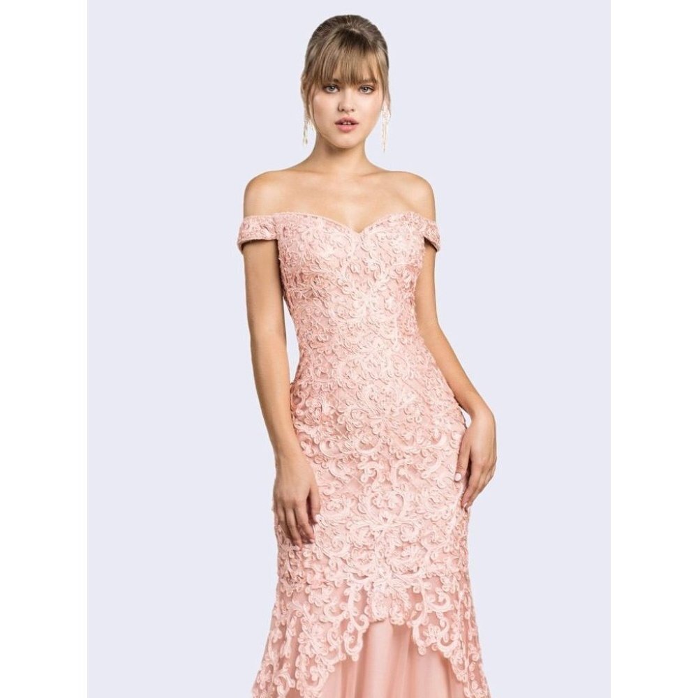 NEW LONG OFF MERMAID SHOULDER SLEEVELESS TULLE DRESS WITH FLORAL LACE CD A0401